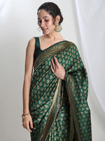 Thumbnail for Janasya Dark Green Silk Blend Floral Jacquard Saree