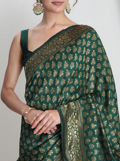 Janasya Dark Green Silk Blend Floral Jacquard Saree - Distacart