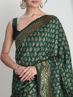 Thumbnail for Janasya Dark Green Silk Blend Floral Jacquard Saree