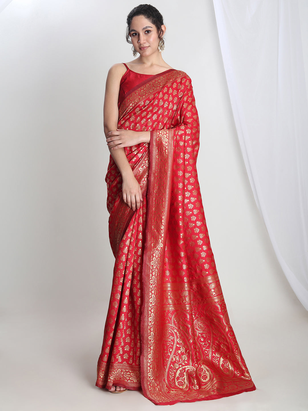 Janasya Red Silk Blend Floral Jacquard Saree