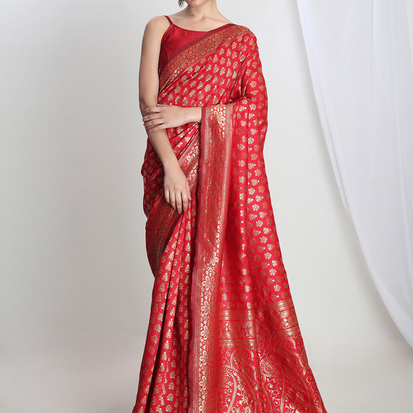 Janasya Red Silk Blend Floral Jacquard Saree