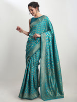 Thumbnail for Janasya Turquoise Silk Blend Ethnic Motifs Jacquard Saree