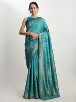 Thumbnail for Janasya Turquoise Silk Blend Ethnic Motifs Jacquard Saree