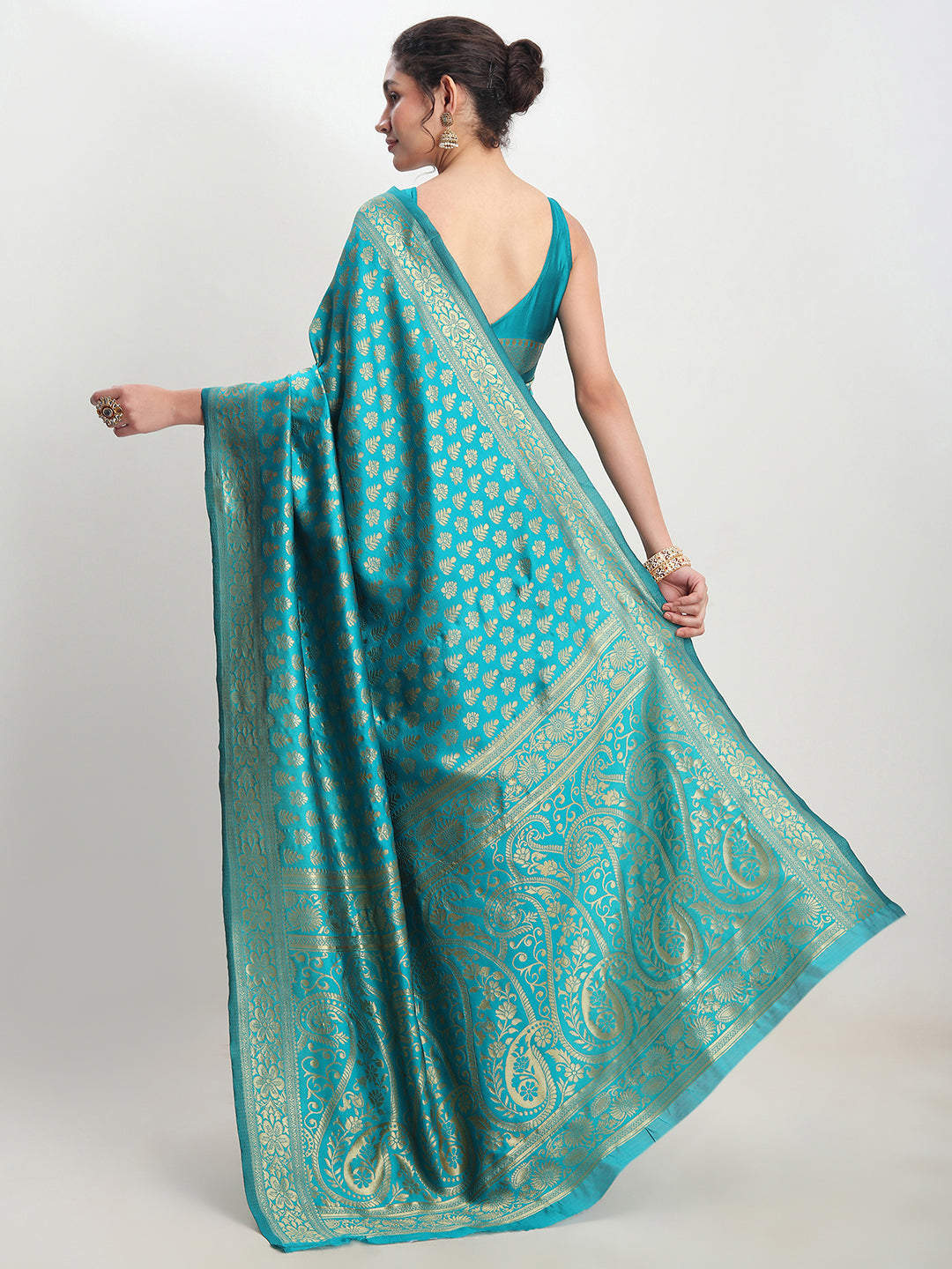 Janasya Turquoise Silk Blend Ethnic Motifs Jacquard Saree