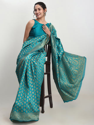 Janasya Turquoise Silk Blend Ethnic Motifs Jacquard Saree
