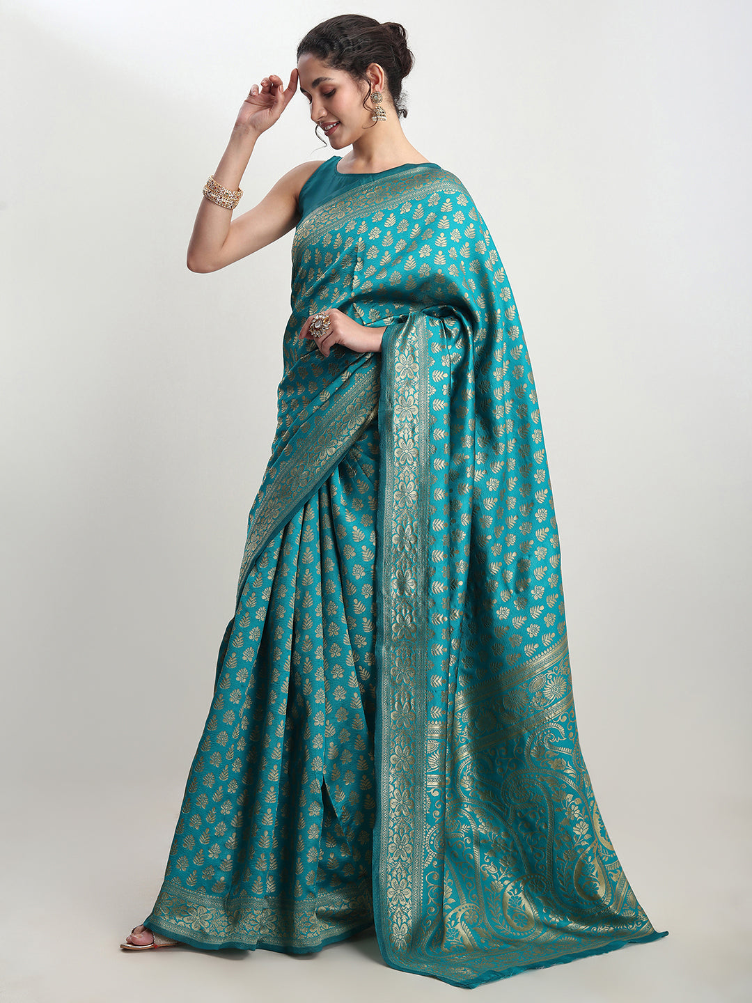 Janasya Turquoise Silk Blend Ethnic Motifs Jacquard Saree
