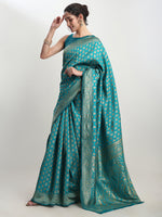 Thumbnail for Janasya Turquoise Silk Blend Ethnic Motifs Jacquard Saree