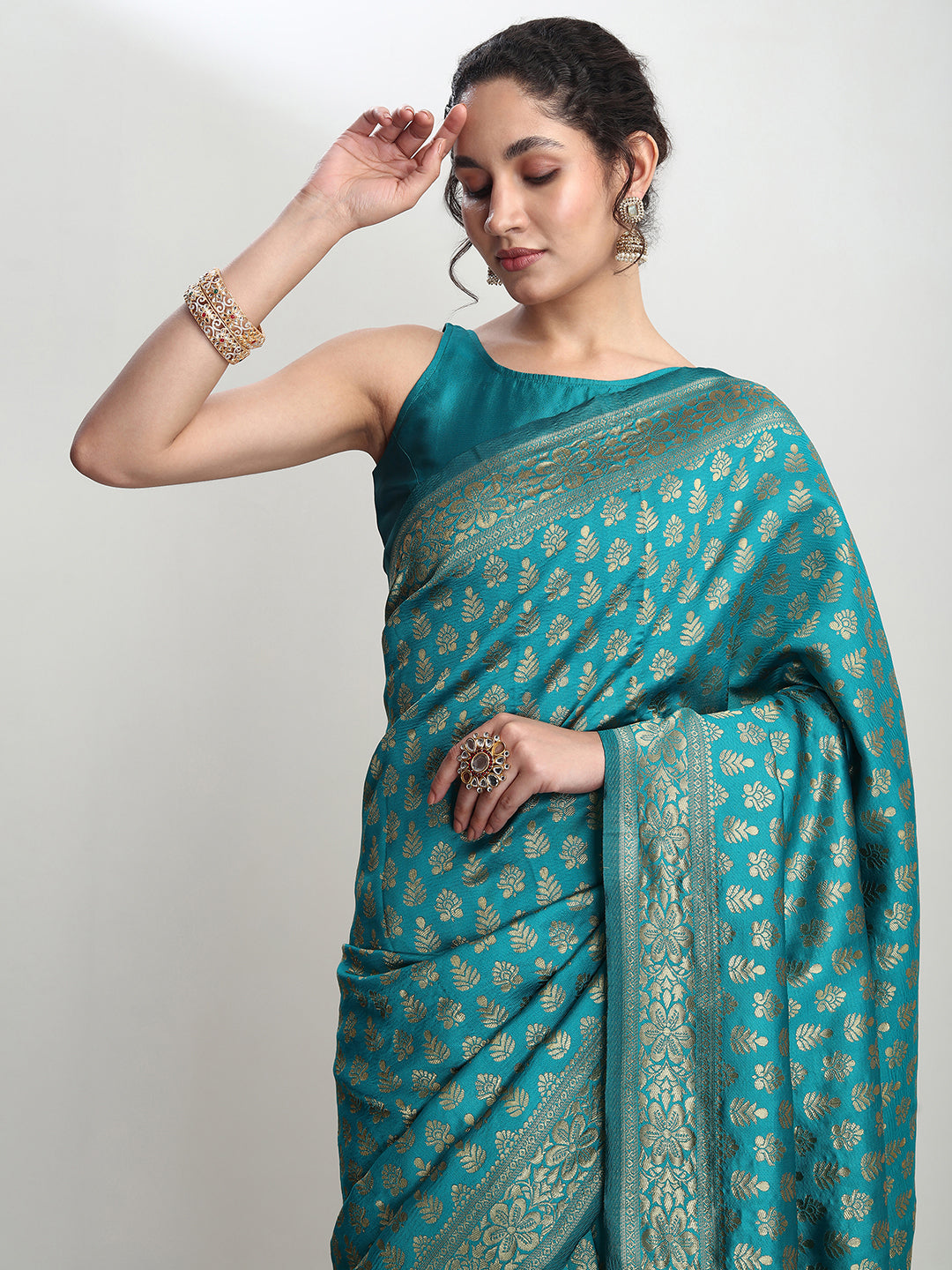 Janasya Turquoise Silk Blend Ethnic Motifs Jacquard Saree