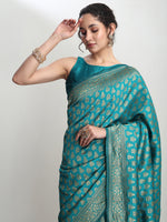 Thumbnail for Janasya Turquoise Silk Blend Ethnic Motifs Jacquard Saree