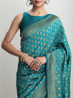 Thumbnail for Janasya Turquoise Silk Blend Ethnic Motifs Jacquard Saree