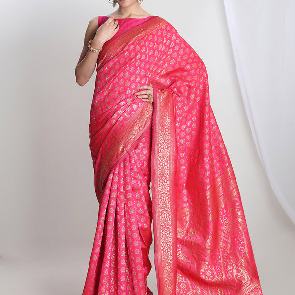 Janasya Pink Silk Blend Floral Jacquard Saree