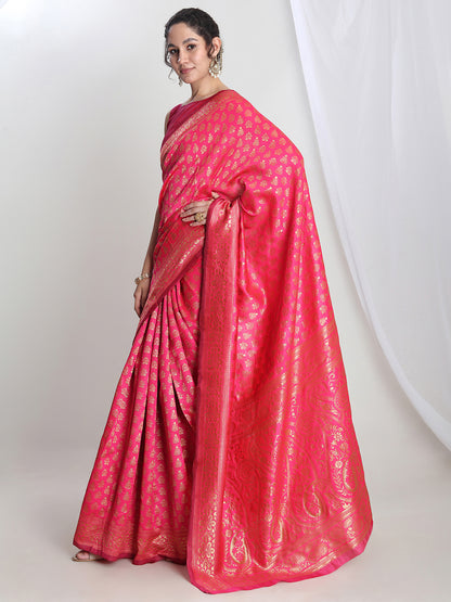 Janasya Pink Silk Blend Floral Jacquard Saree - Distacart