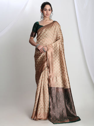 Janasya Beige Silk Blend Ethnic Motifs Jacquard Saree
