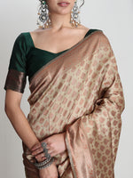 Thumbnail for Janasya Beige Silk Blend Ethnic Motifs Jacquard Saree