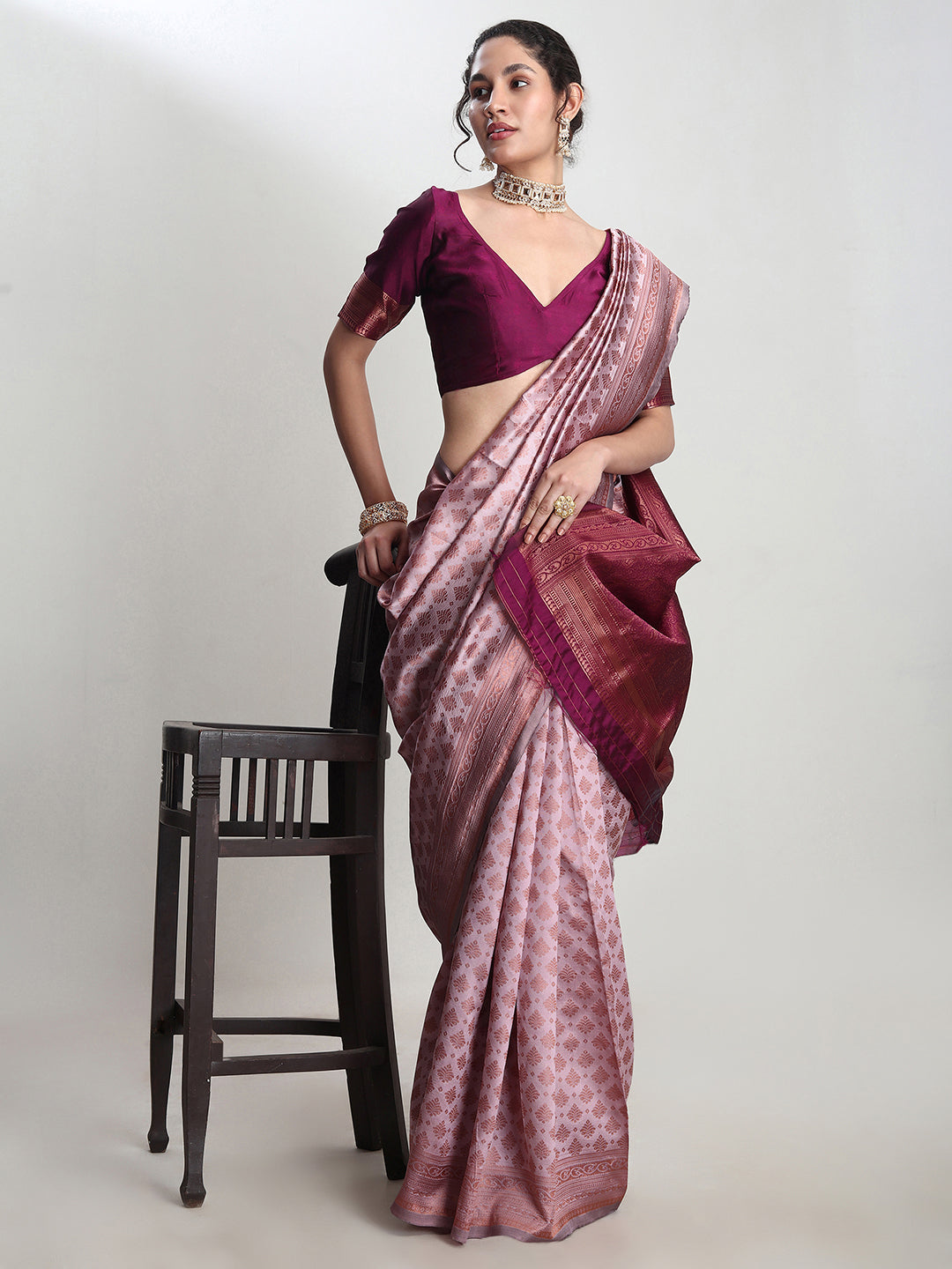 Janasya Dusty Pink Silk Blend Ethnic Motifs Jacquard Saree