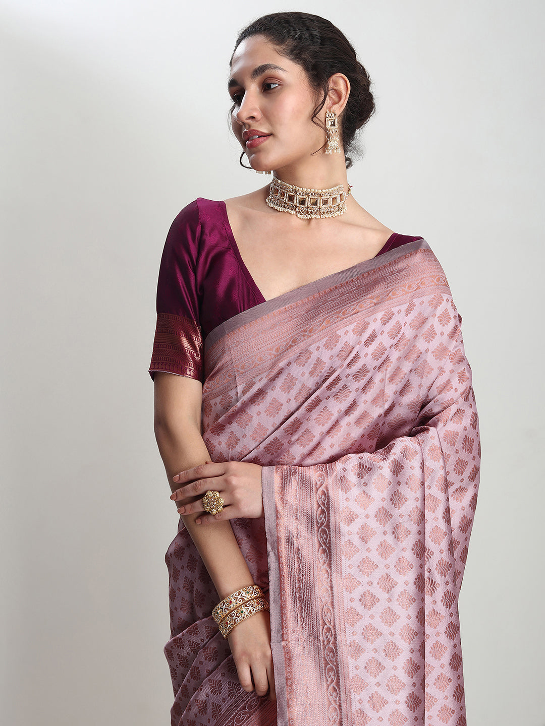 Janasya Dusty Pink Silk Blend Ethnic Motifs Jacquard Saree