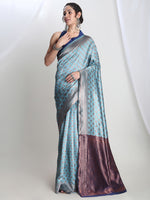 Thumbnail for Janasya Light Blue Silk Blend Ethnic Motifs Jacquard Saree