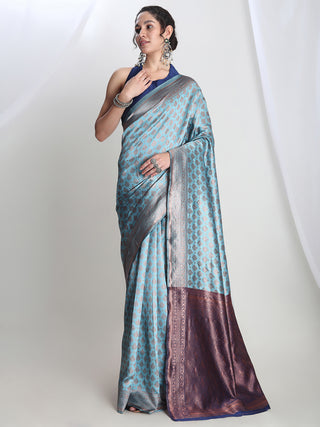 Janasya Light Blue Silk Blend Ethnic Motifs Jacquard Saree