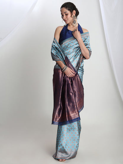 Janasya Light Blue Silk Blend Ethnic Motifs Jacquard Saree - Distacart