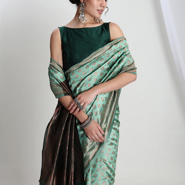 Janasya Light Green Silk Blend Ethnic Motifs Jacquard Saree