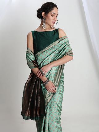 Janasya Light Green Silk Blend Ethnic Motifs Jacquard Saree