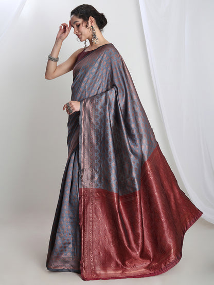 Janasya Grey Silk Blend Ethnic Motifs Jacquard Saree - Distacart