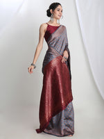 Thumbnail for Janasya Grey Silk Blend Ethnic Motifs Jacquard Saree