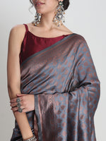 Thumbnail for Janasya Grey Silk Blend Ethnic Motifs Jacquard Saree
