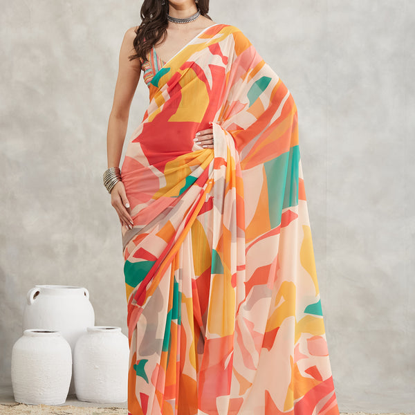 Janasya Multicolor Georgette Abstract Printed Saree - Distacart