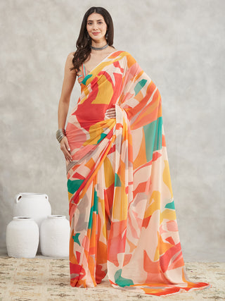 Janasya Multicolor Georgette Abstract Printed Saree