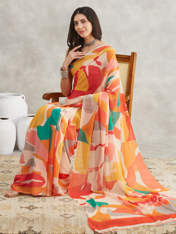 Janasya Multicolor Georgette Abstract Printed Saree