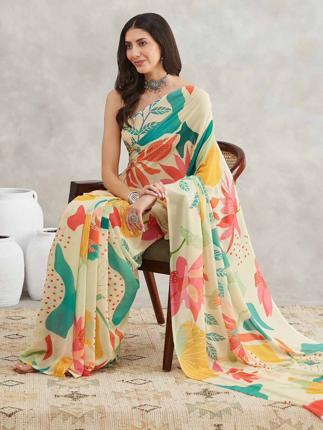 Janasya Multicolor Georgette Tropical Printed Saree