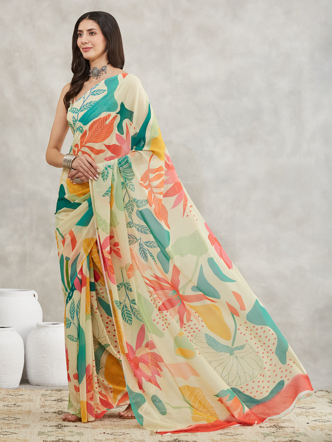 Janasya Multicolor Georgette Tropical Printed Saree