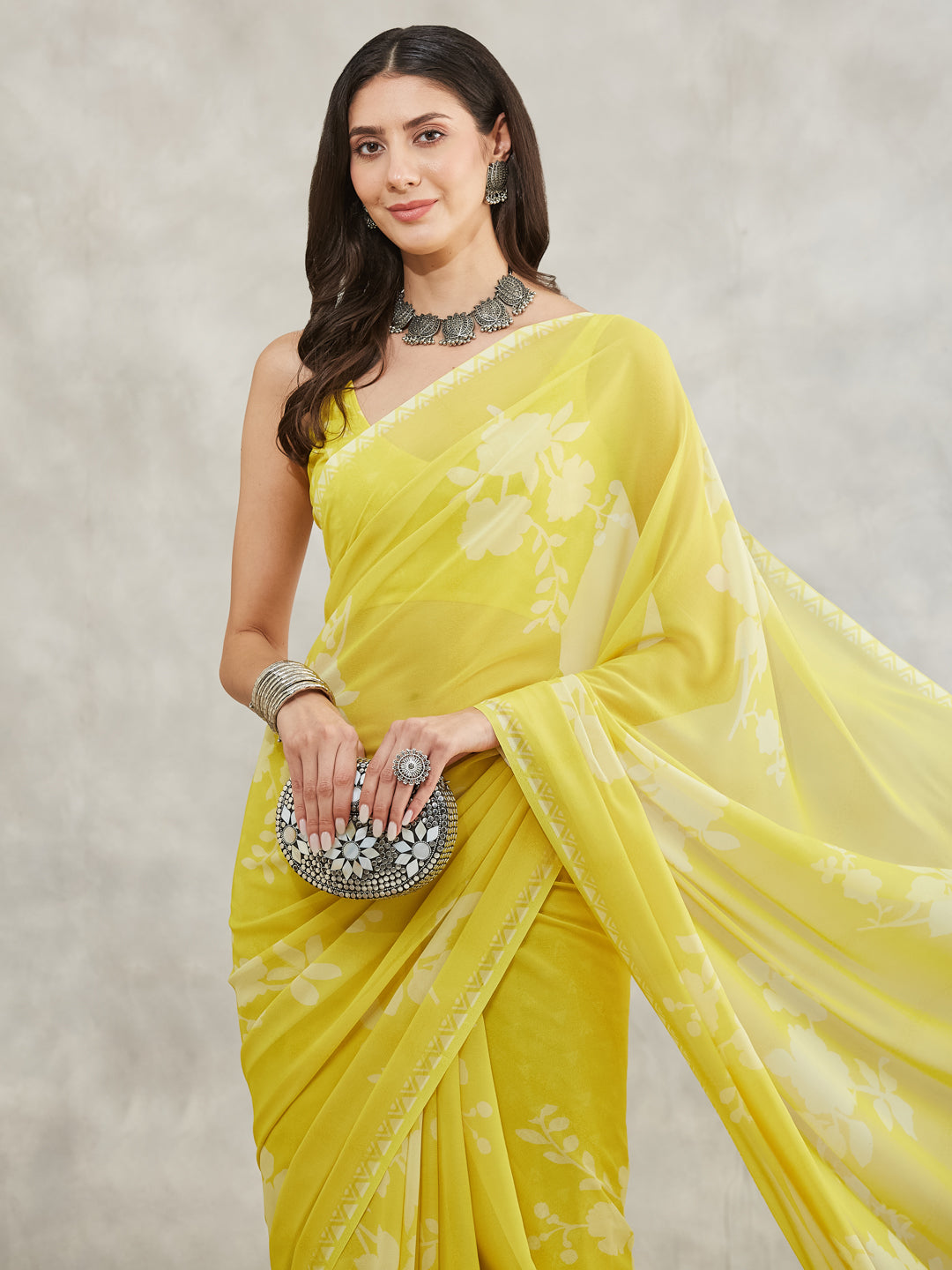 Janasya Lime Yellow Georgette Floral Printed Saree