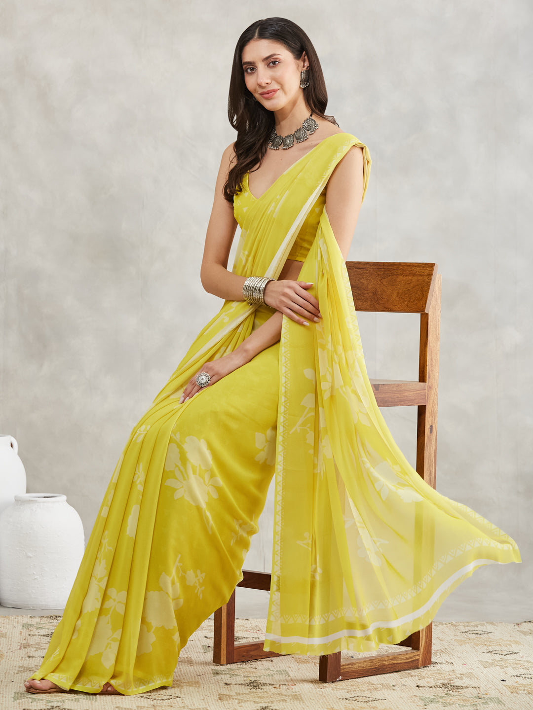 Janasya Lime Yellow Georgette Floral Printed Saree