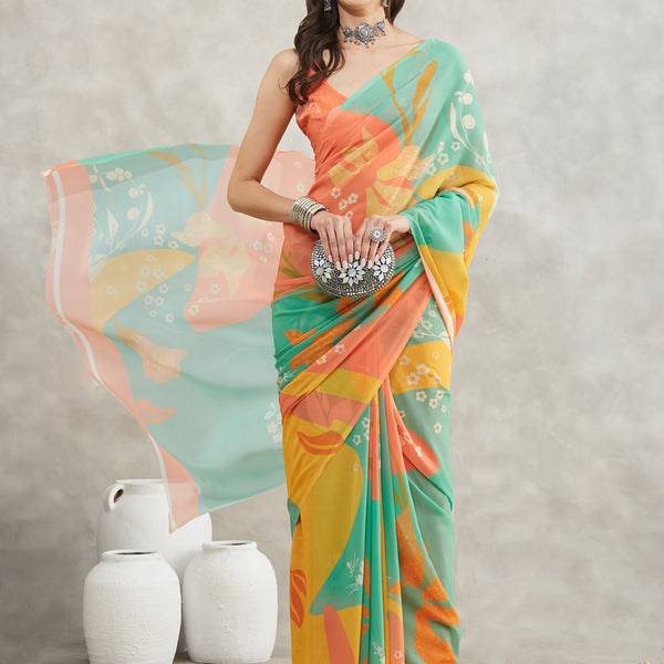 Janasya Multicolor Georgette Floral Printed Saree - Distacart