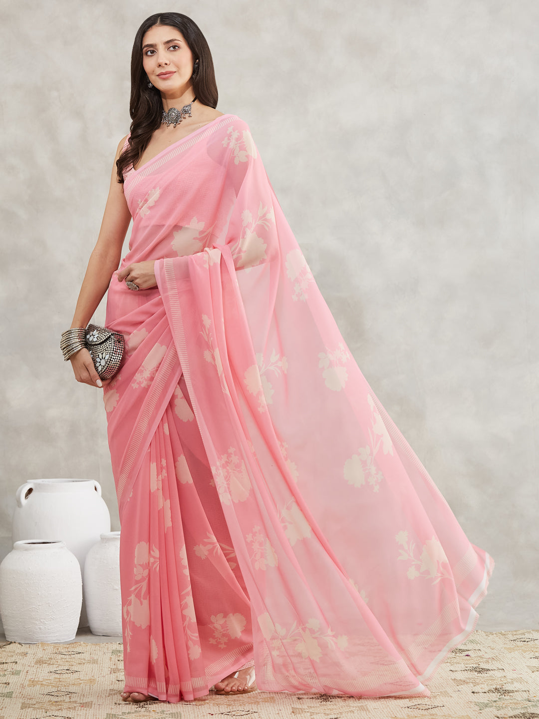 Janasya Light Pink Georgette Floral Printed Saree