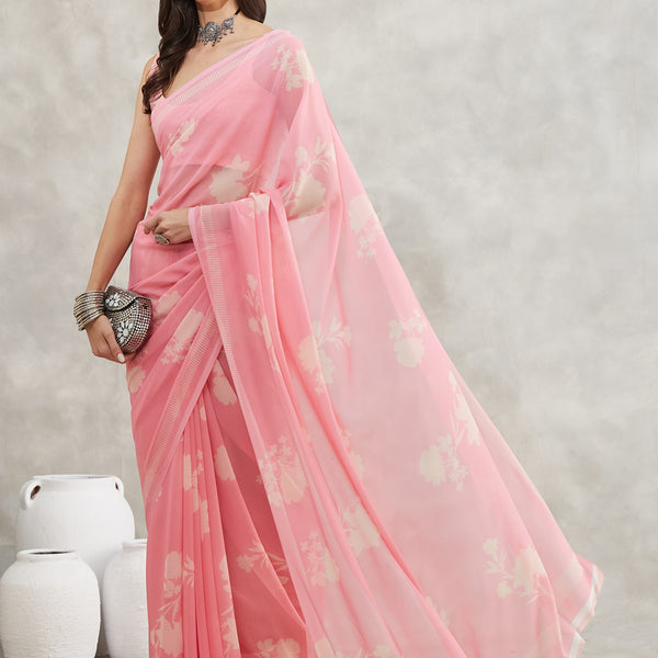 Janasya Light Pink Georgette Floral Printed Saree