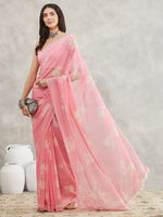 Thumbnail for Janasya Light Pink Georgette Floral Printed Saree