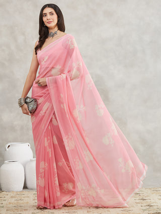 Janasya Light Pink Georgette Floral Printed Saree