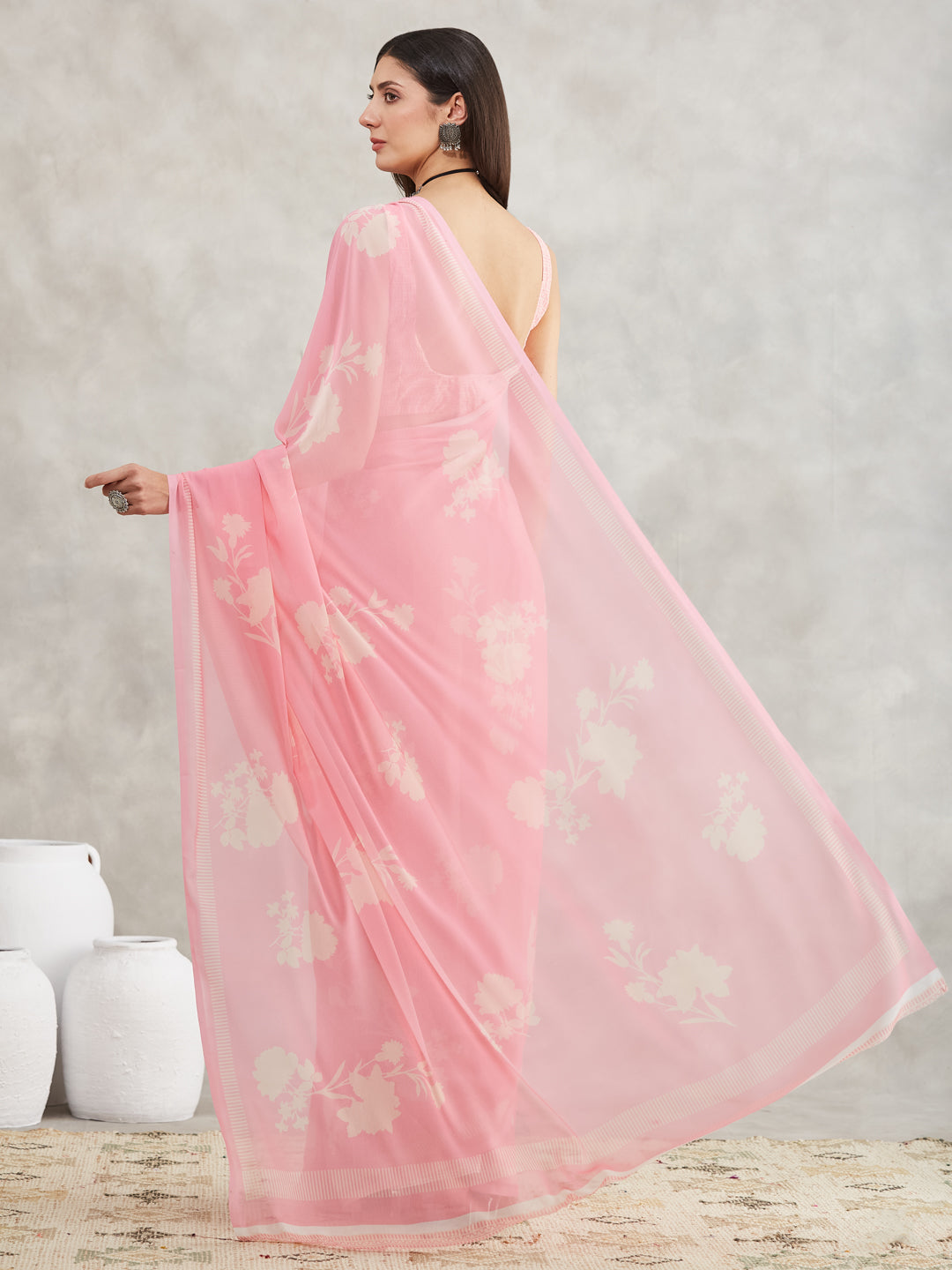 Janasya Light Pink Georgette Floral Printed Saree