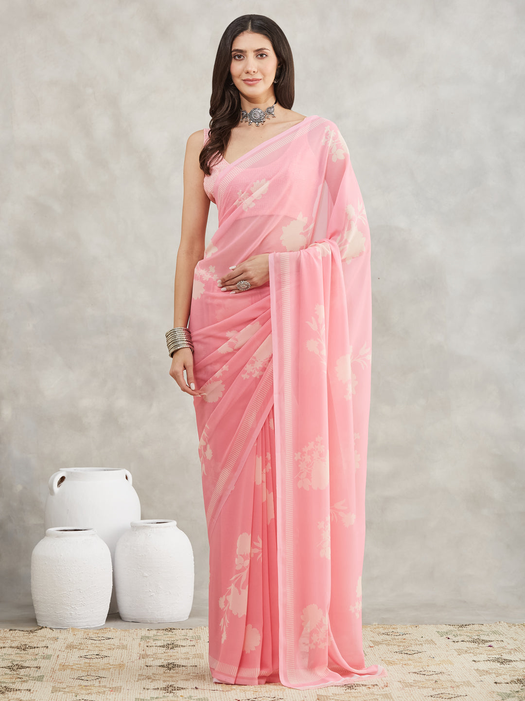 Janasya Light Pink Georgette Floral Printed Saree