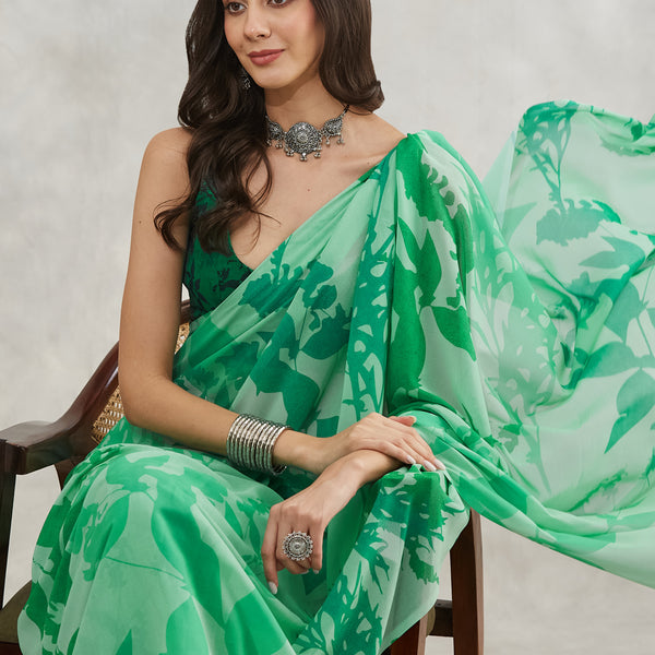 Janasya Green Georgette Abstract Printed Saree