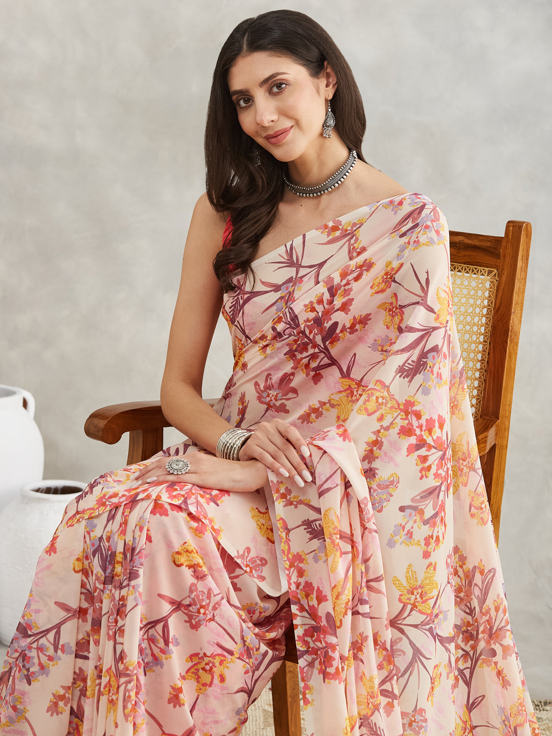 Janasya Cream Georgette Floral Printed Saree