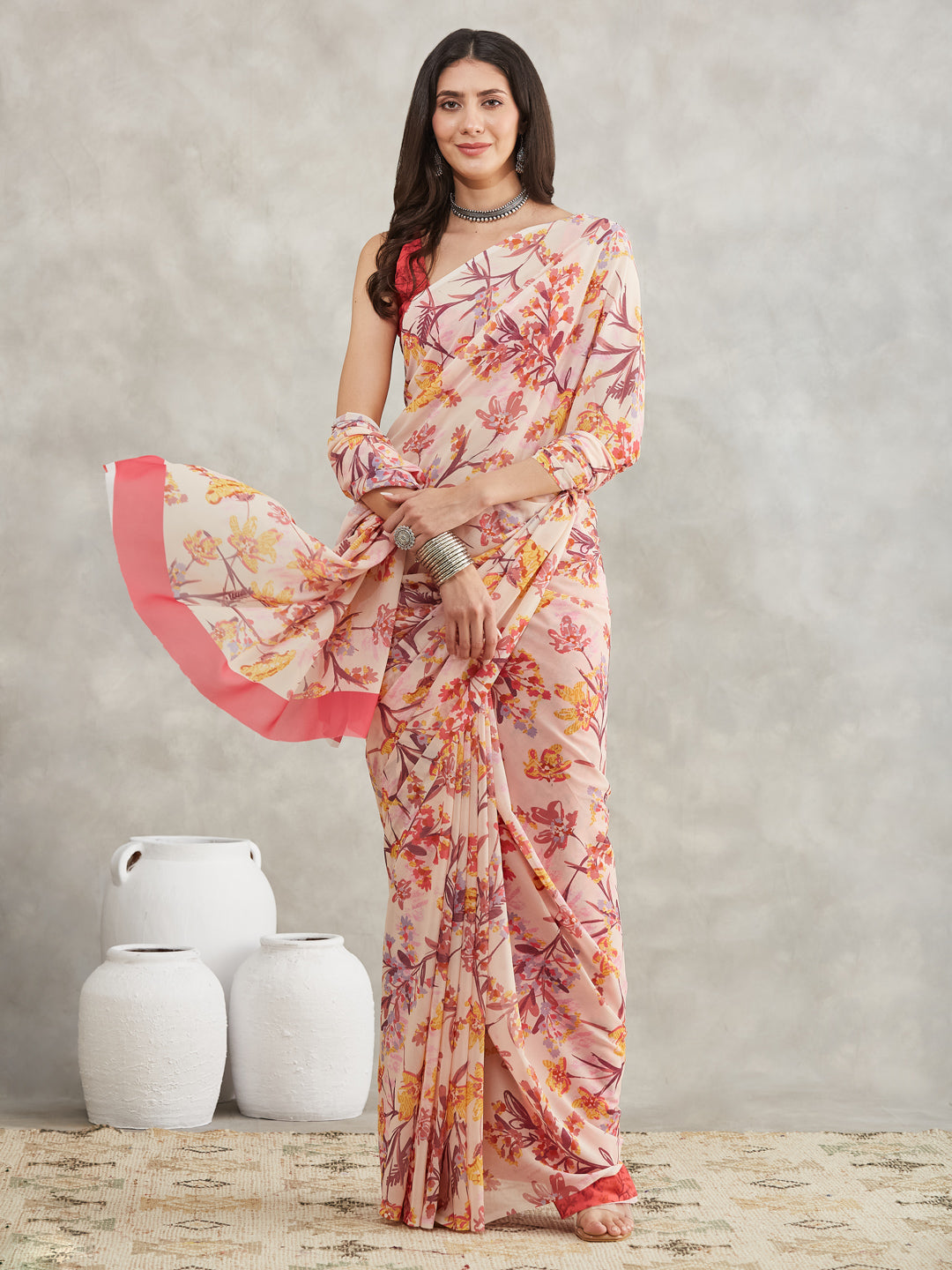 Janasya Cream Georgette Floral Printed Saree