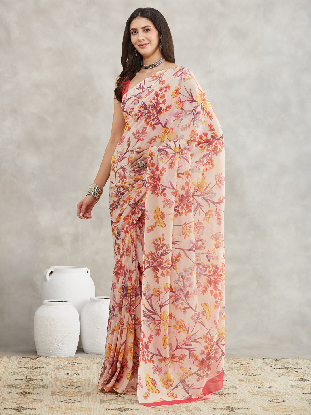 Janasya Cream Georgette Floral Printed Saree