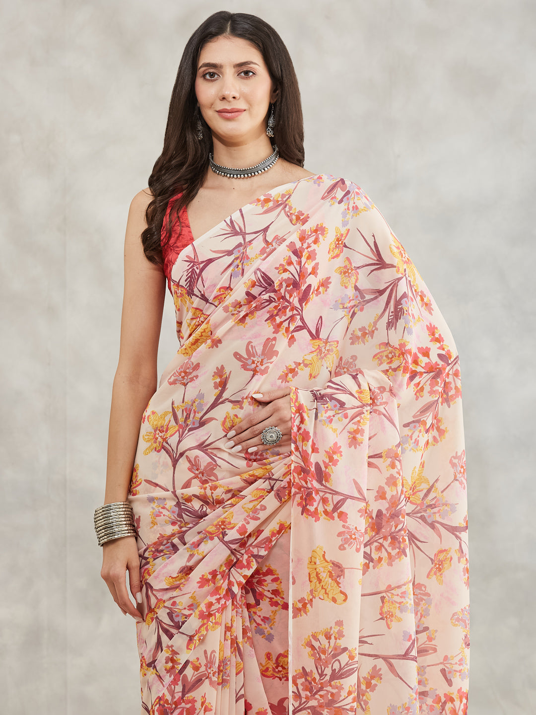 Janasya Cream Georgette Floral Printed Saree