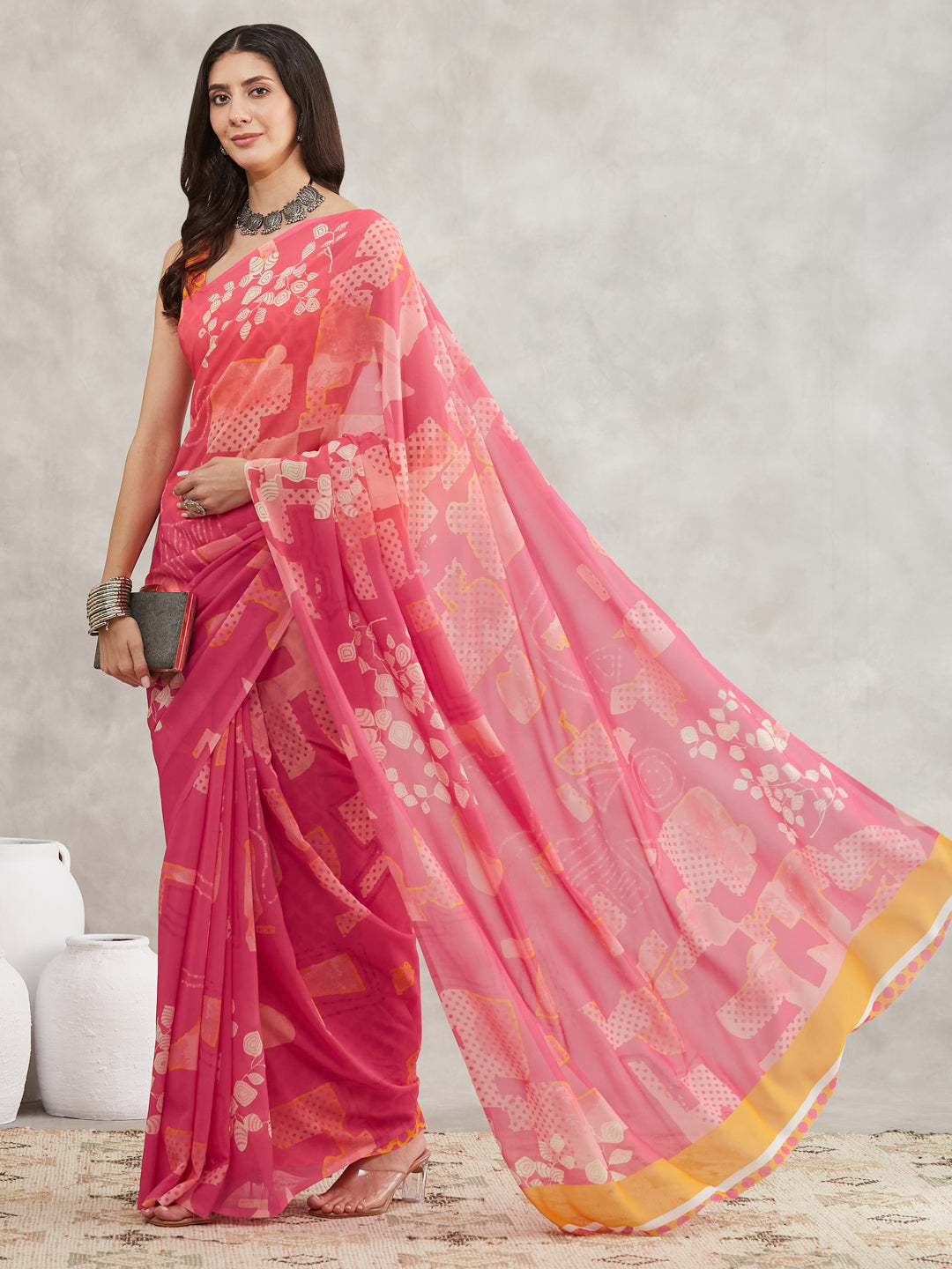 Janasya Pink Georgette Geometric Printed Saree