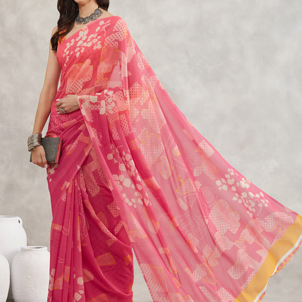 Janasya Pink Georgette Geometric Printed Saree