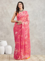Thumbnail for Janasya Pink Georgette Geometric Printed Saree